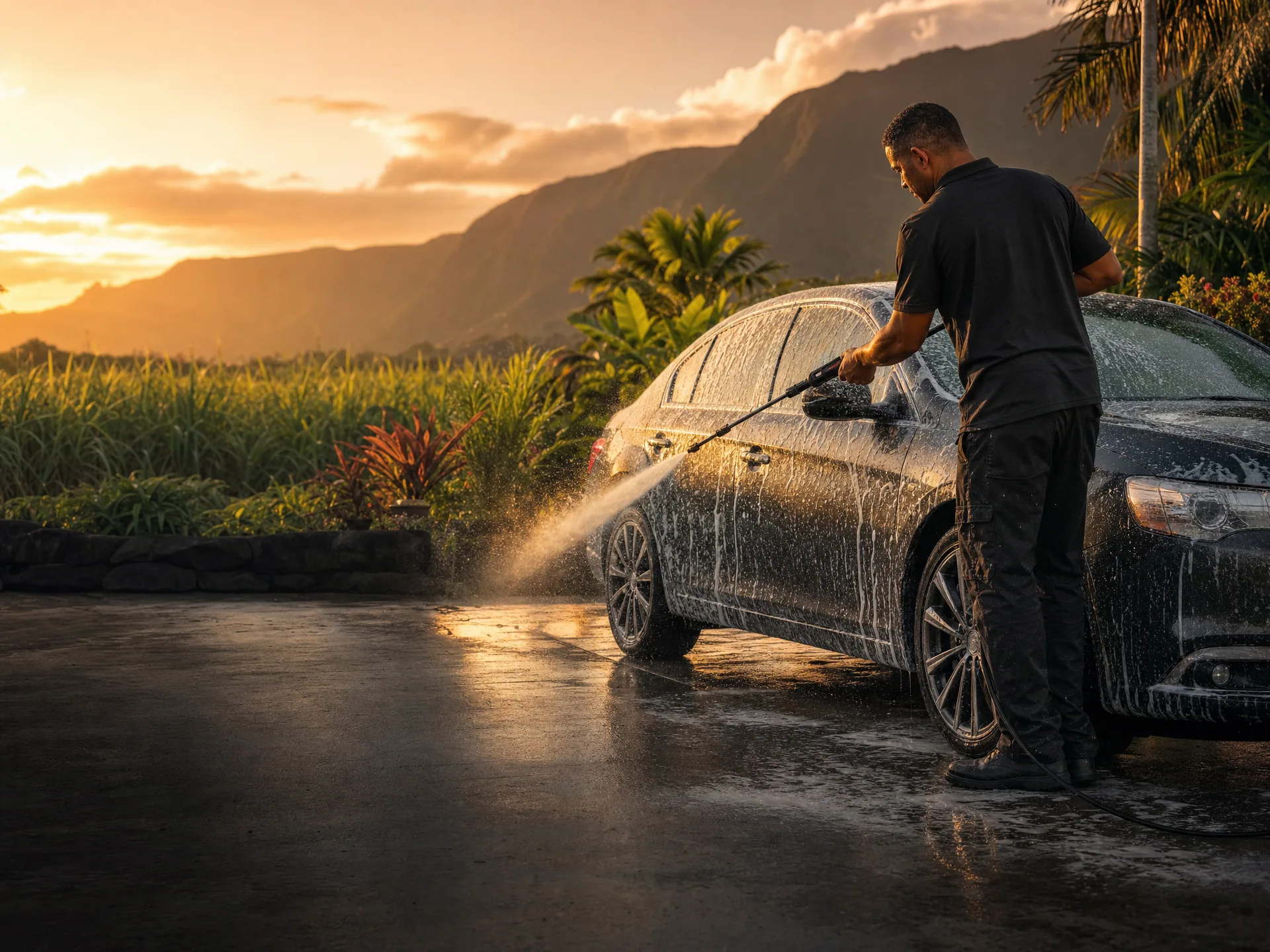 Lavage d'une voiture à domicile au coucher du soleil, à La Réunion