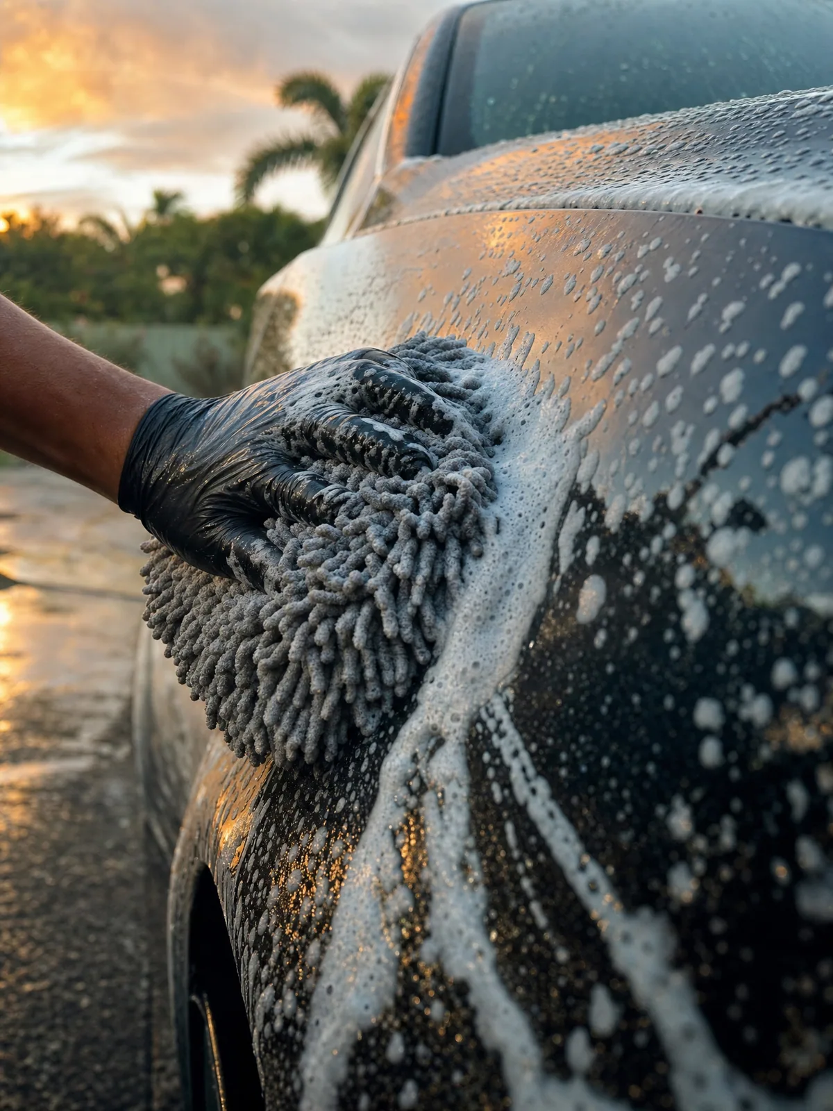 Gant de lavage en microfibre passé sur une carrosserie couverte de mousse