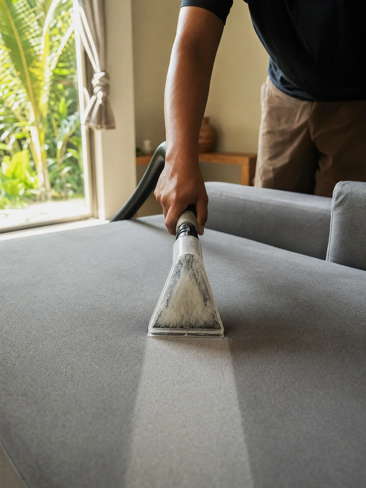 Nettoyage par injection-extraction de l'assise d'un canapé en tissu gris