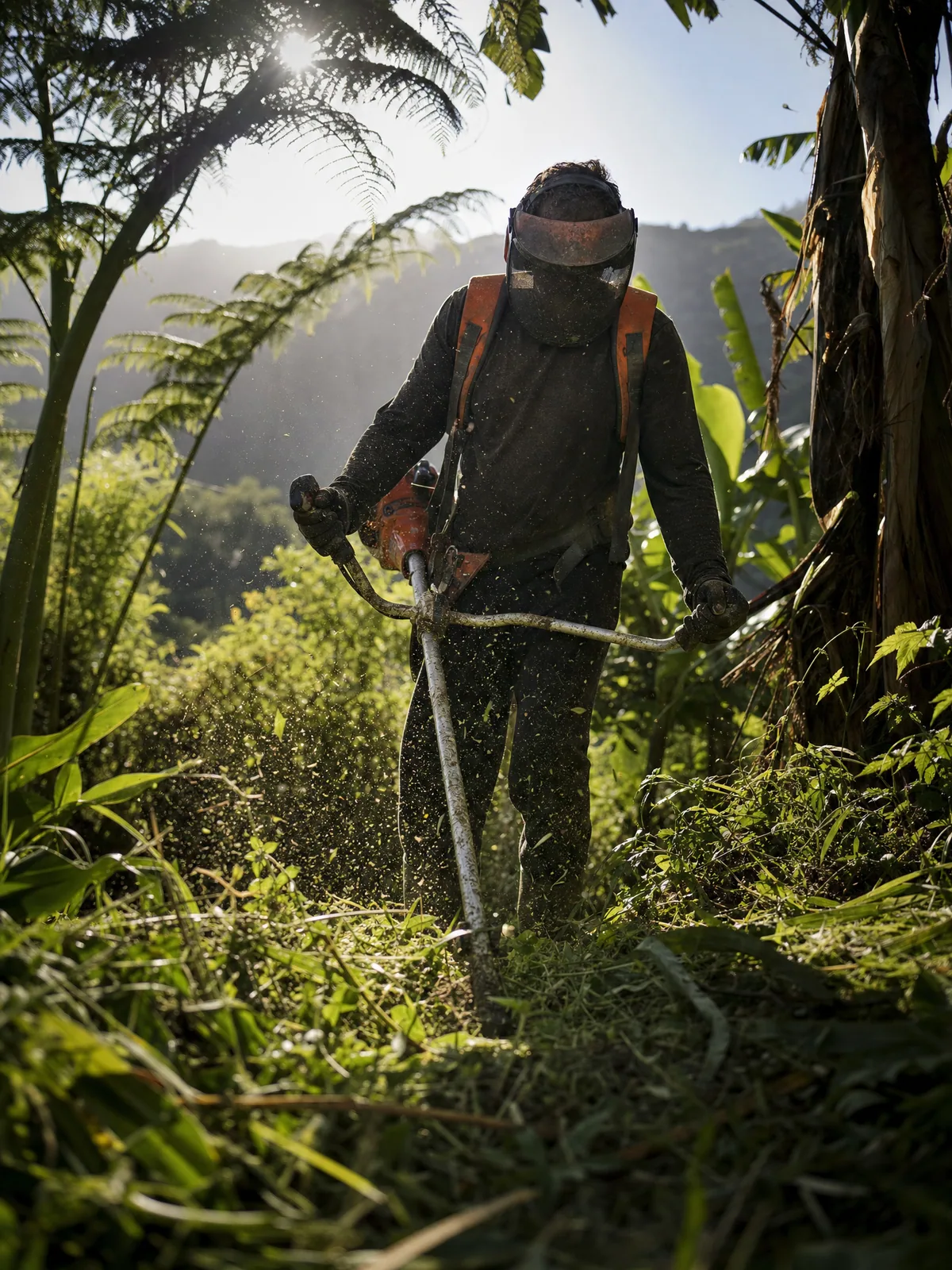 Débroussaillage à la machine dans une végétation tropicale dense