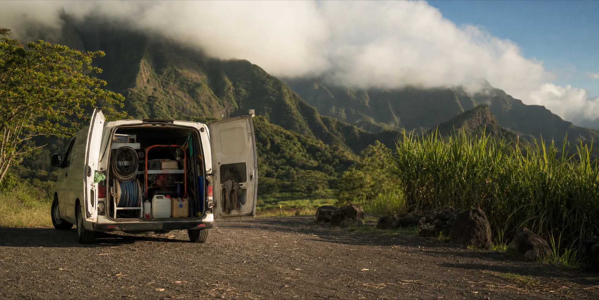 Fourgon de service garé devant un paysage montagneux de La Réunion
