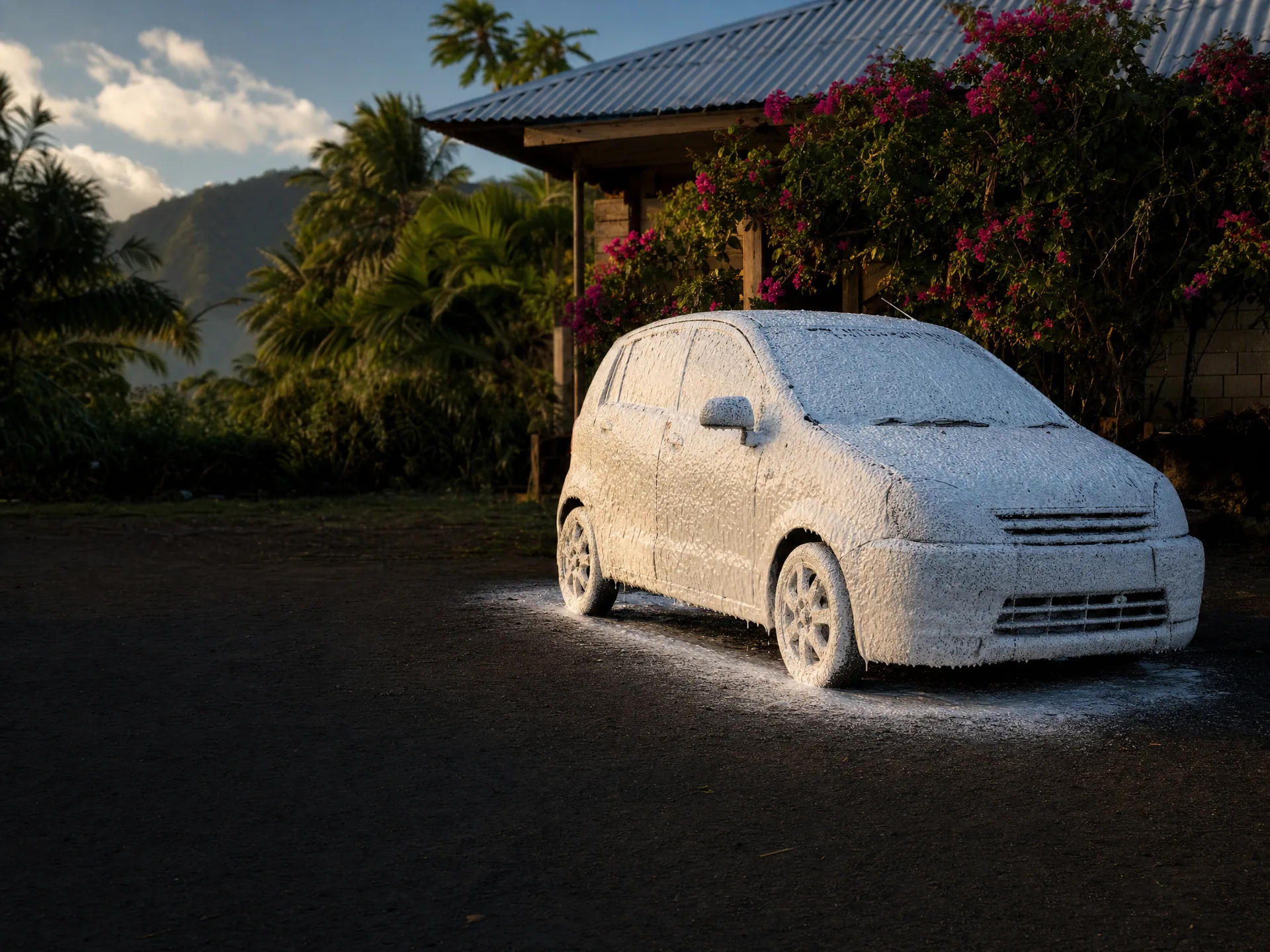 Voiture entièrement recouverte de mousse de pré-lavage devant un domicile