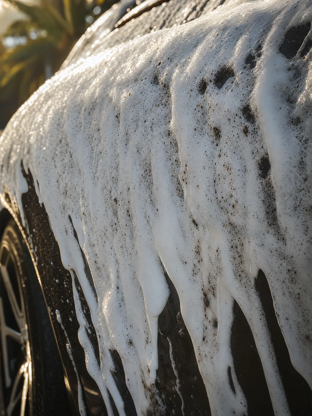 Mousse de pré-lavage coulant sur une carrosserie et emportant la saleté