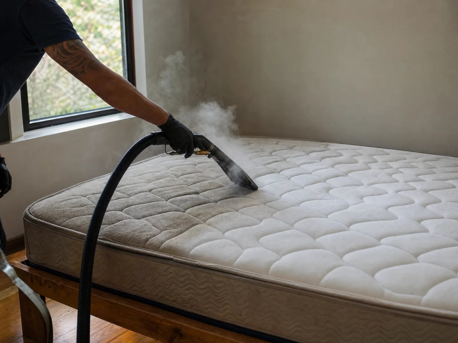 Traitement vapeur et aspiration sur un matelas dans une chambre