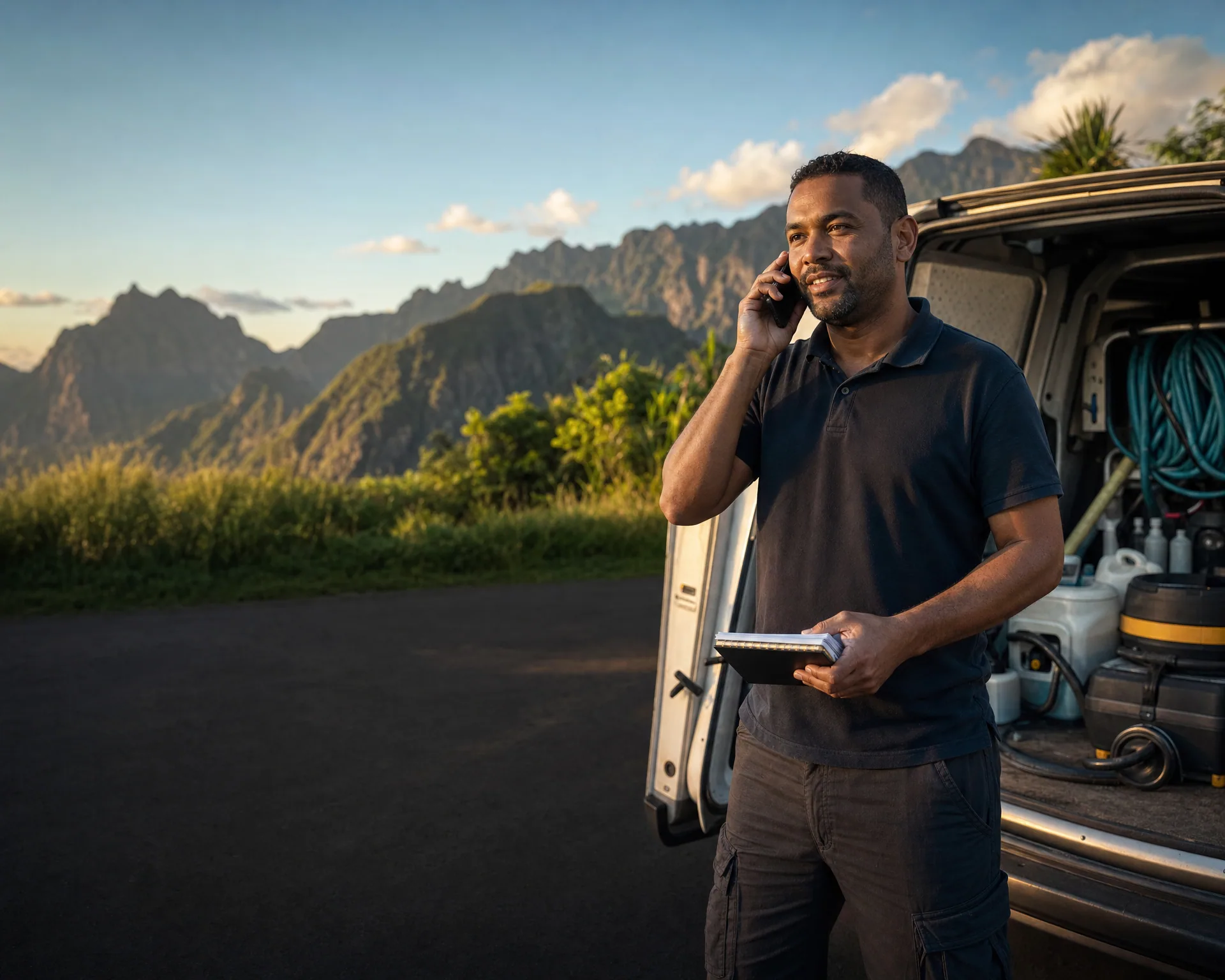 Artisan au téléphone devant son véhicule de service